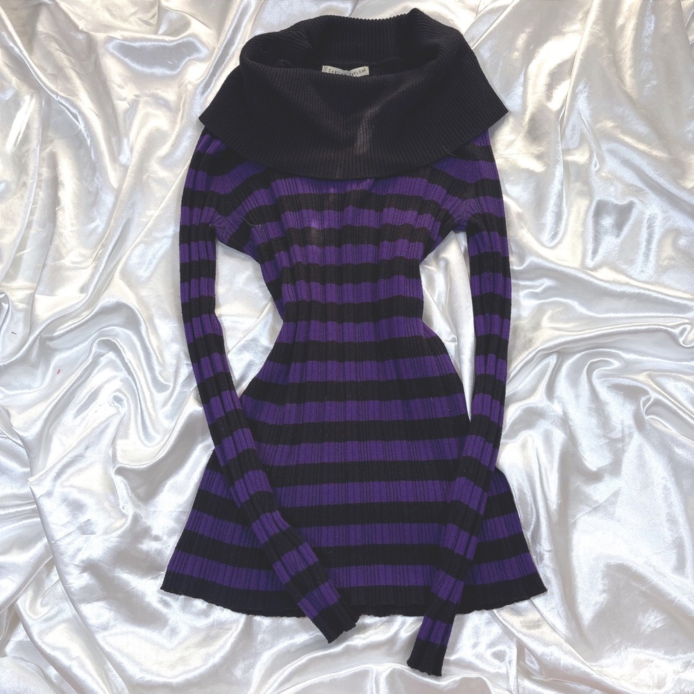 y2k Sweater Purple Excellent Carolyn Taylor Striped Cowl Neck Ribbed Knit Top